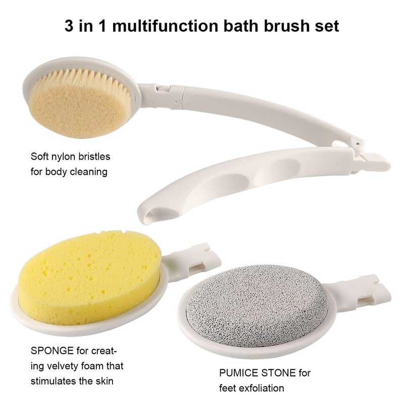 LFJ 19" Long Handle Shower Sponge Brush Set, 3 in 1 Body Brush, Bath Sponge and Lotion Applicator Improved Skin Health, Suitable for Men and Women (White Brush with pumice-1P) - Image 4