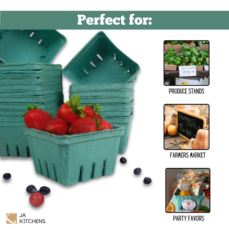 JA Kitchens 42 Pack QUART Green Molded Pulp Fiber Berry/Produce Vented Baskets for Fruit and Vegetable - Image 4