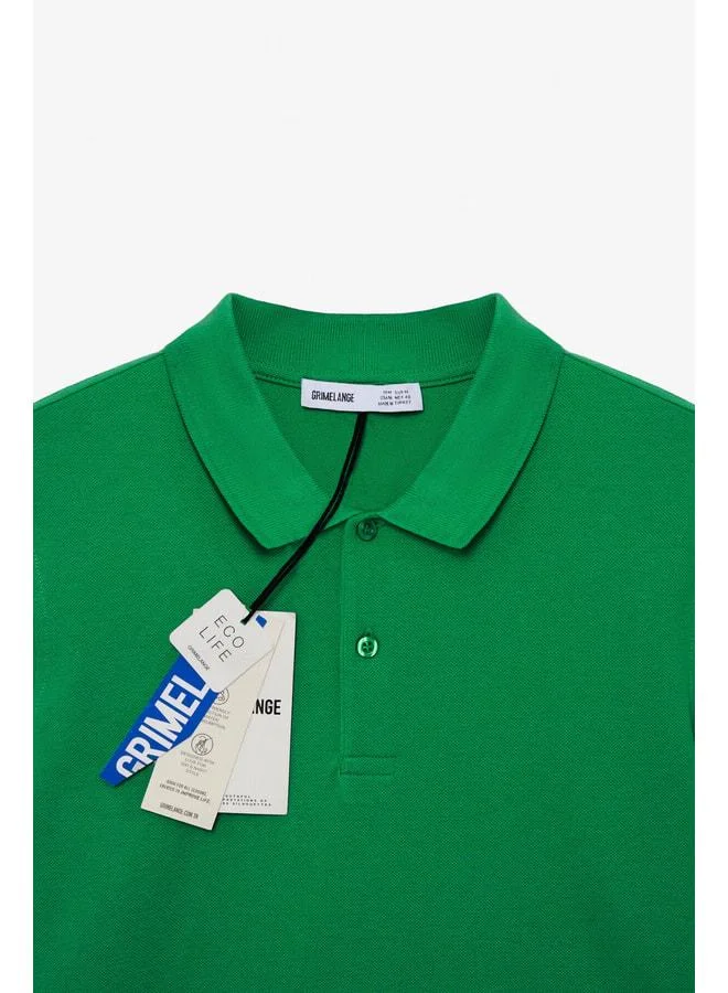 Grimelange SKYLOOM Men's 100% Cotton Short Sleeve Regular Fit Green Polo Collar T‑shirt.