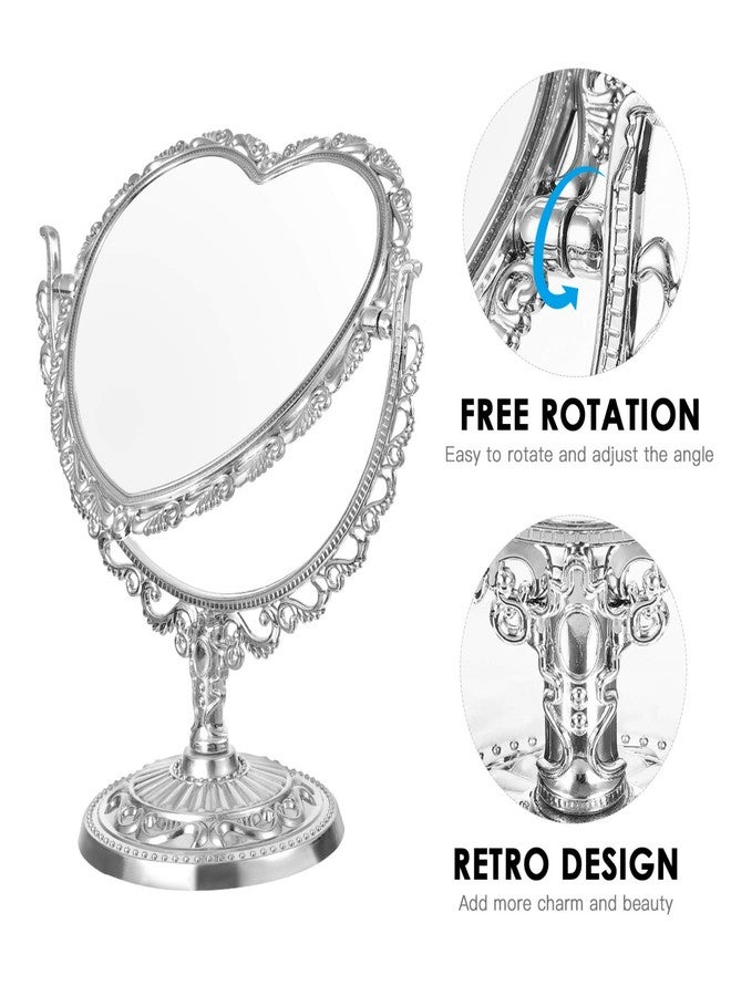 Lurrose Heart Shaped Mirror Heart Mirror Kawaii Tabletop Vanity Double Sided Magnifying Makeup with 360 Degree Rotation (Silver) - Image 3