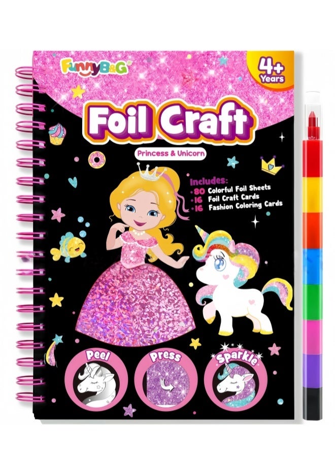 Kids Foil Craft Book Princess Unicorn DIY Art Kit, 80 Foil Sheets, 16 Craft Cards & Coloring Pages, Creative Sticker Activity Toy for Girls' Playtime & Gifting - Image 1