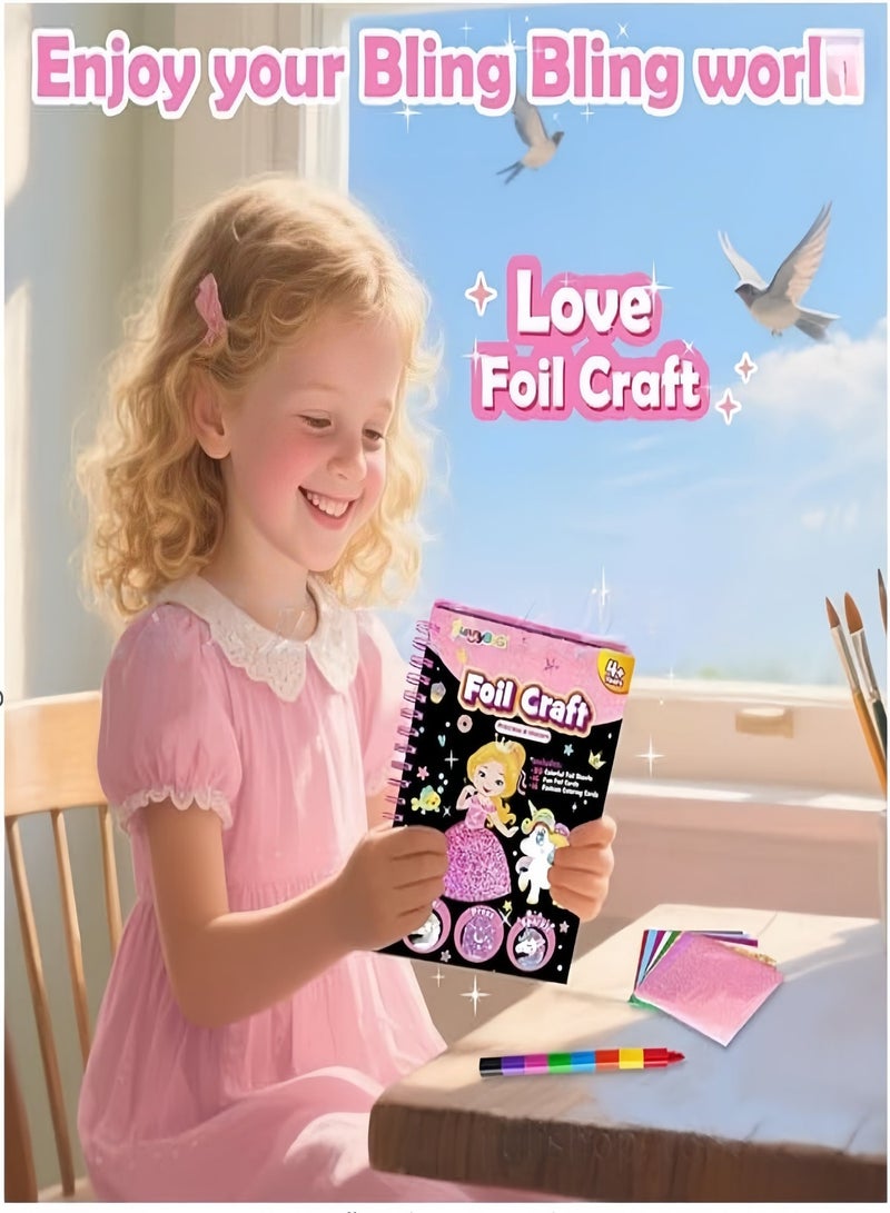 Kids Foil Craft Book Princess Unicorn DIY Art Kit, 80 Foil Sheets, 16 Craft Cards & Coloring Pages, Creative Sticker Activity Toy for Girls' Playtime & Gifting - Image 5
