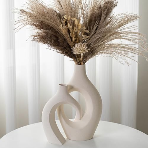 Liotww Snuggle Hollow XL Cream White Ceramic Vase Set of 2 for Coffee Table Decor Modern Minimalist Aesthetic Donut Floral Vases for Home Living Room Entryway Table Shelves Decorative W 68 X H 11 - Image 1
