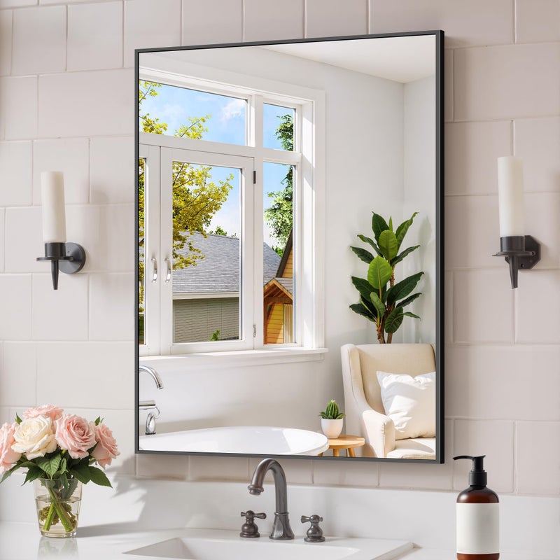 COFENY Black Bathroom Mirror for Wall, 24x32 Inch Rectangle Mirror with Metal Frame, Modern Vanity Mirrors for Bathroom Living Room, Entryway Hangs Horizontal or Vertical - Image 1