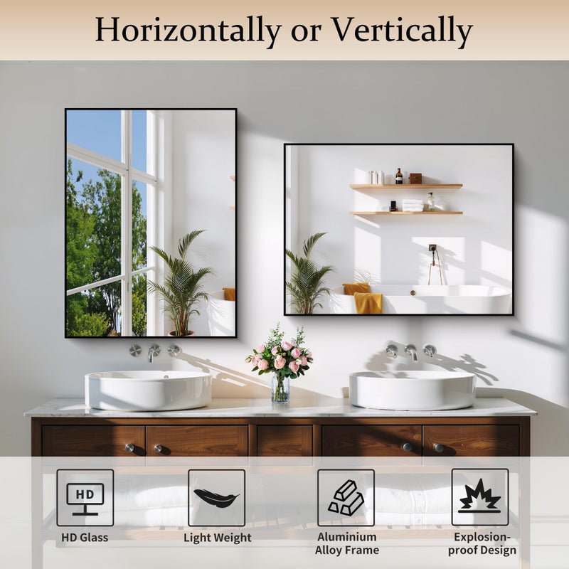 COFENY Black Bathroom Mirror for Wall, 24x32 Inch Rectangle Mirror with Metal Frame, Modern Vanity Mirrors for Bathroom Living Room, Entryway Hangs Horizontal or Vertical - Image 5