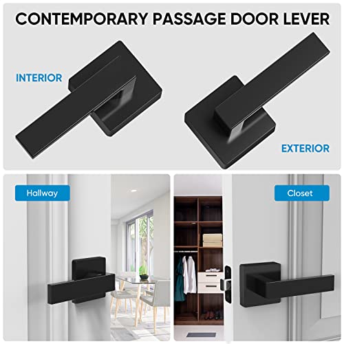 TICONN Matte Black Door Handle Heavy Duty, Reversible Square Door Lever for Bedroom, Bathroom, Rooms (Passage, 5 Pack) - Image 2
