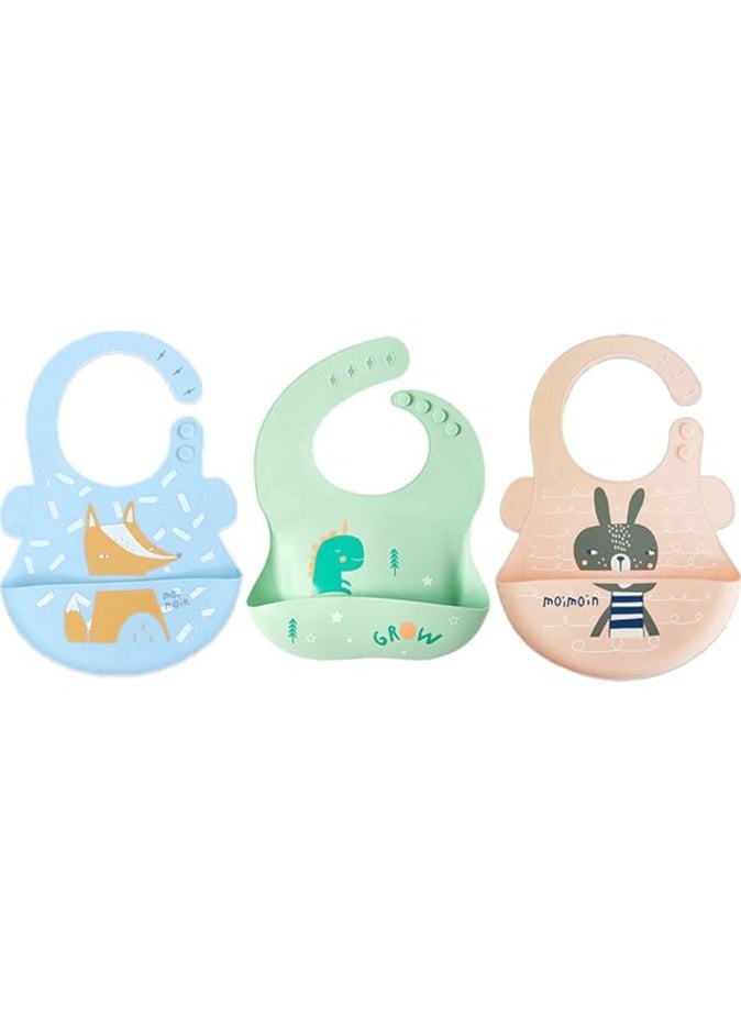 Pixie Pixie Baby Silicone Bibs Easily Clean Pack of 3, Soft Adjustable Waterproof Toddler Silicone Bibs for Babies Girl and Boy (Fox, Dinosaur, Squirrel)  - Image 1