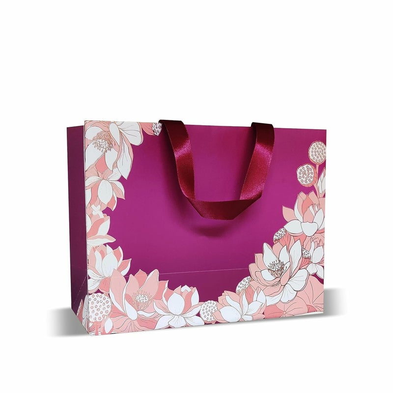 VESTTA -ELEGANCE REDEFINED VESTTA ELEGANCE REDEFINED Gift bags Large 13 L x 55 B x 10 H Inches Vintage Lotus Print Matt Finish Gold Stamping for All Celebrations with Gift TagsPremium Collection 5 count 