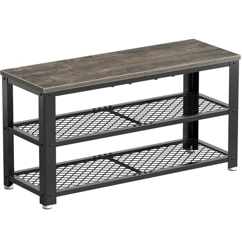 Rolanstar Rolanstar Shoe Bench 3Tier Shoe Rack 287 Storage Entry Bench with Mesh Shelves Wood Seat Rustic Foyer Bench for Hallway Front Door Doorway Living Room Mudroom Steel Frame Gray