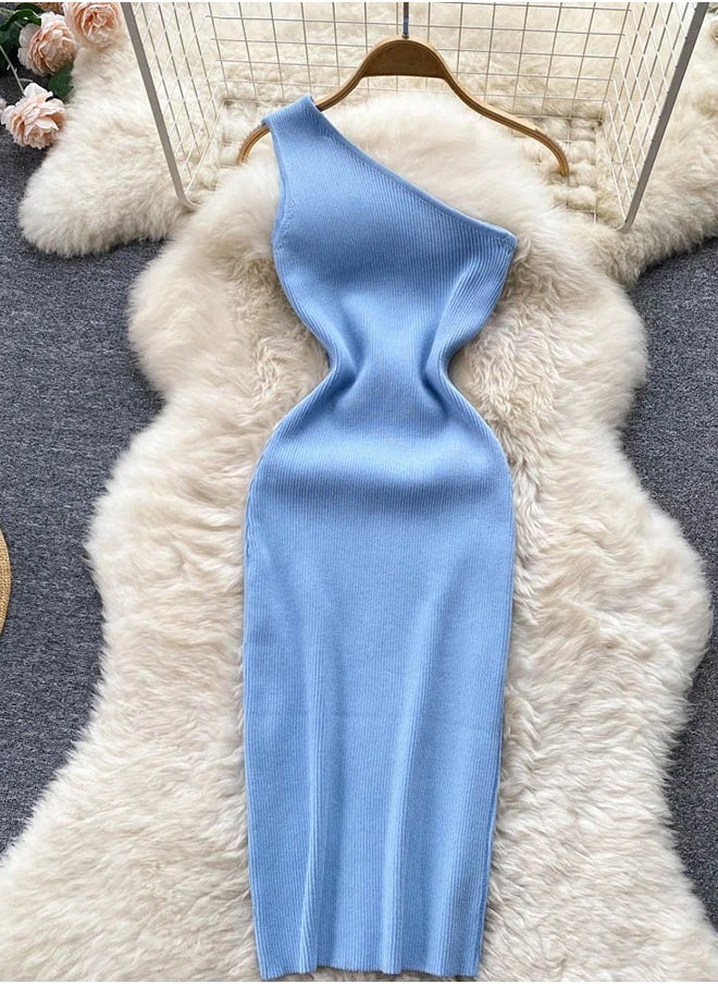 Generic Ins Fashion One Shoulder Knitted Bodycon Dress Lady Elastic Outfits Package Hips White Mini Dress Party Vestidos 
