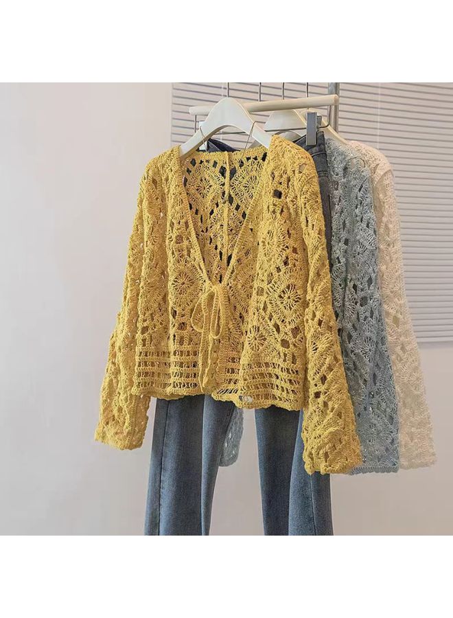 Yellow Women's French Resort Style Hollow Crochet Knitted Cardigan, Loose Long Sleeve Niche Top