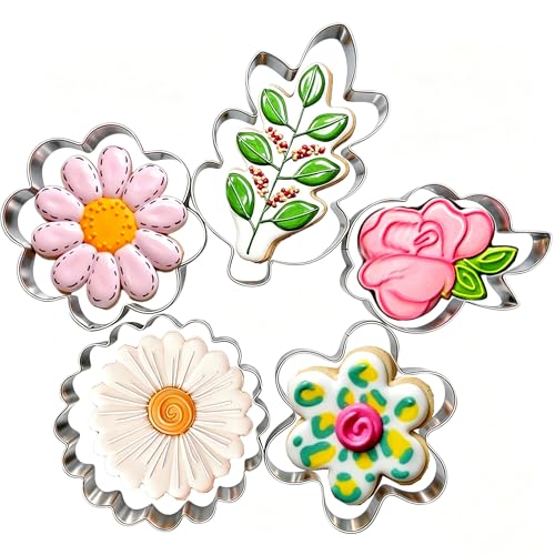 TUZICAKE 5Pcs Spring Flowers Cookie Cutters, Sunflower Dasiy Rose Tulip Shapes Biscuits Molds Stainless Steel Cutter Set for Mother's Day, Father's Day, Valentine's Day, Thanksgiving - Image 1