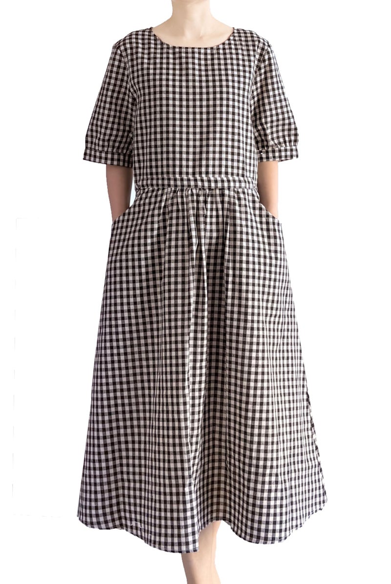 Minibee Womens Cotton Linen Dress Summer Short Sleeve Casual Plaid Flowy ALine Midi Dresses with Pockets Black XLarge