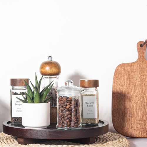 zoocatia Round Decorative Tray Wood Bathroom Counter Organizer Farmhouse Kitchen Decor Wooden Riser for Soap Dish, Perfume, Candle, Sponge, 10" - Walnut - Image 3