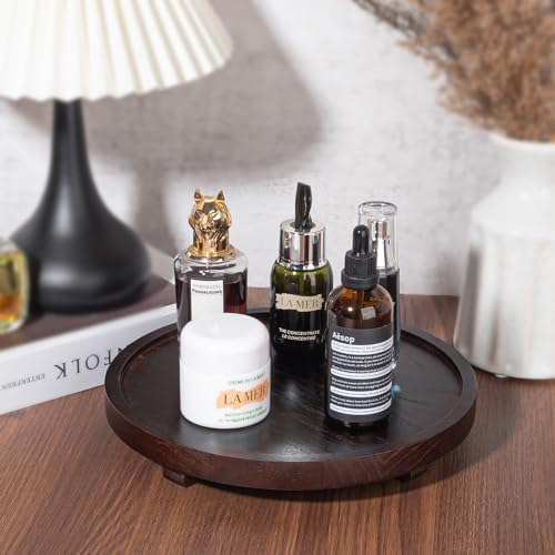 zoocatia Round Decorative Tray Wood Bathroom Counter Organizer Farmhouse Kitchen Decor Wooden Riser for Soap Dish, Perfume, Candle, Sponge, 10" - Walnut - Image 2