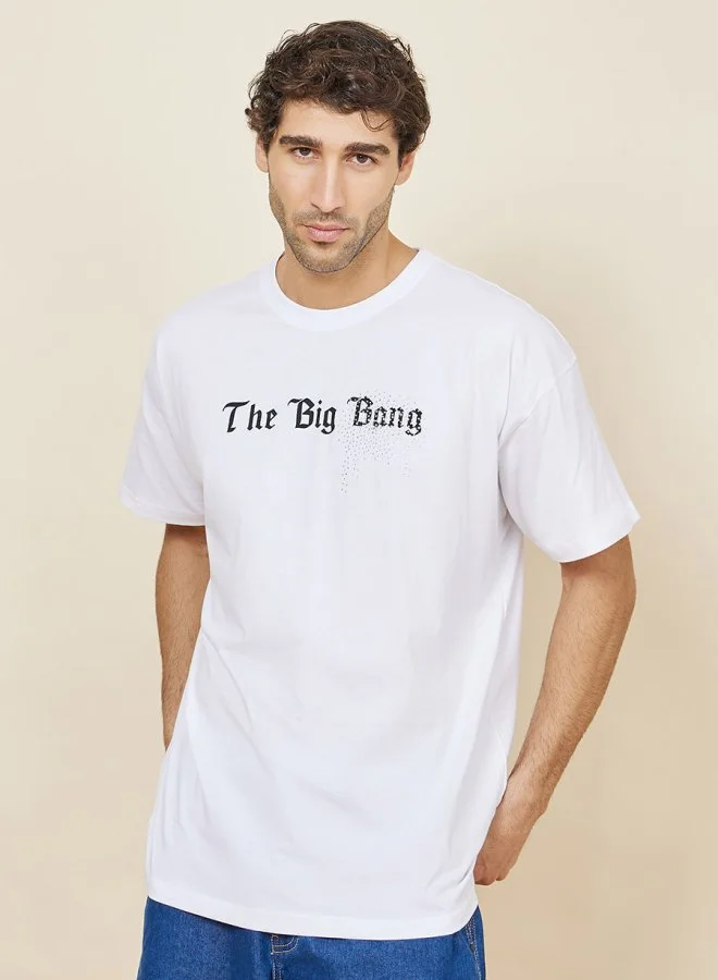 Styli Slogan Print Oversized T-Shirt with Faux Rhinestone Detail