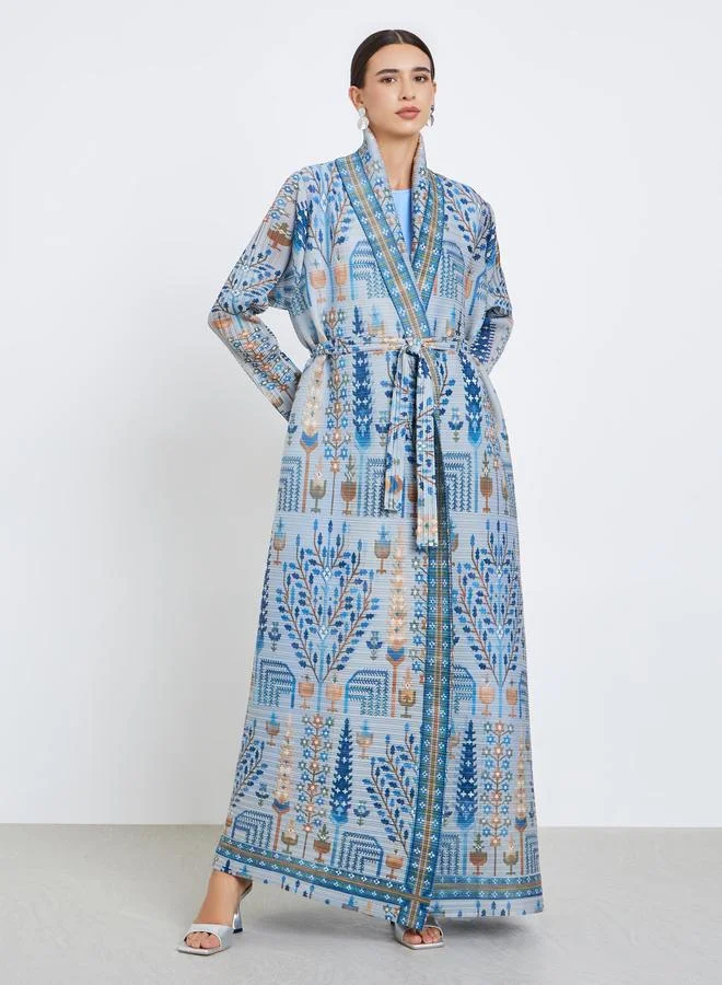 Take Two All-Over Printed Textured Pleated Long Sleeve Abaya