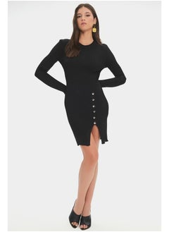 JUNE June Women Long Sleeve Slit Detailed Mini Knitwear Dress Black  - Image 4
