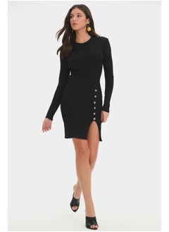 JUNE June Women Long Sleeve Slit Detailed Mini Knitwear Dress Black  - Image 3