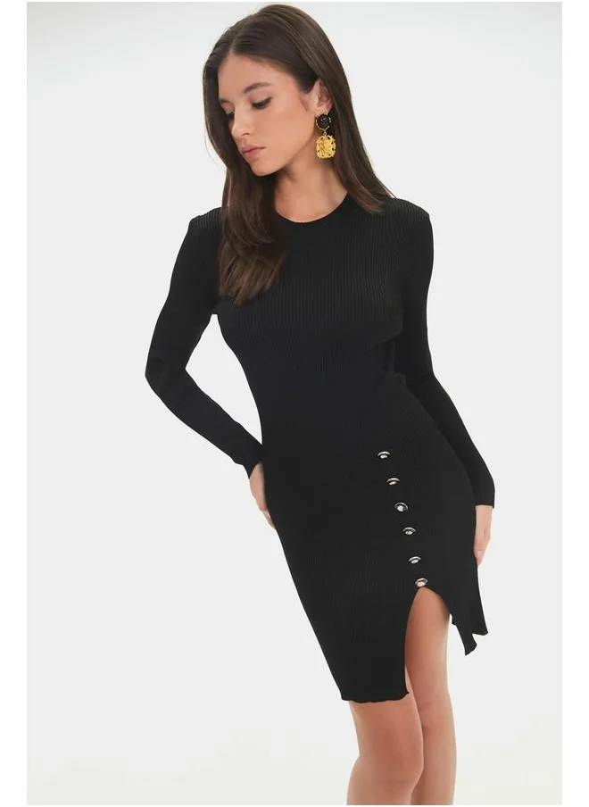 JUNE June Women Long Sleeve Slit Detailed Mini Knitwear Dress Black