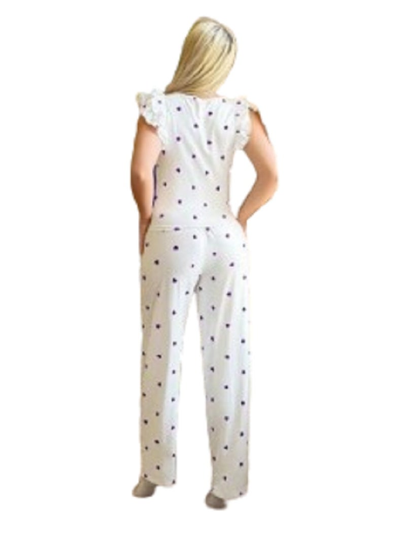 WARD Women's Pajama Set with Short Sleeves Ruffles and Heart Prints - Image 2