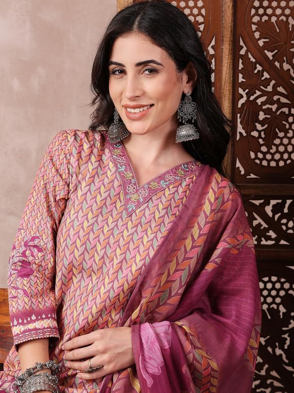 Vaamsi Women's Floral Straight Printed Kurta Pant With Dupatta (PKSKD2544PPL_S_Multicolor) - Image 3