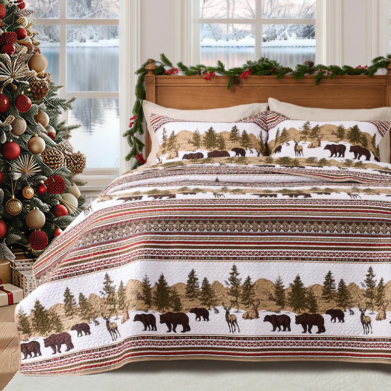 PPOLCA Cabin King Quilt Bedding Set, Christmas Lightweight Reversible Rustic Bear Bedspread Coverlet, 3-Piece Lodge Bed Cover Quilt with 2 Pillow Shams for All Season, Brown - Image 1