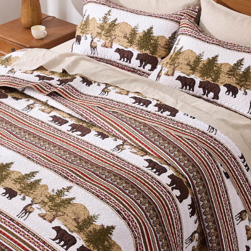 PPOLCA Cabin King Quilt Bedding Set, Christmas Lightweight Reversible Rustic Bear Bedspread Coverlet, 3-Piece Lodge Bed Cover Quilt with 2 Pillow Shams for All Season, Brown - Image 4