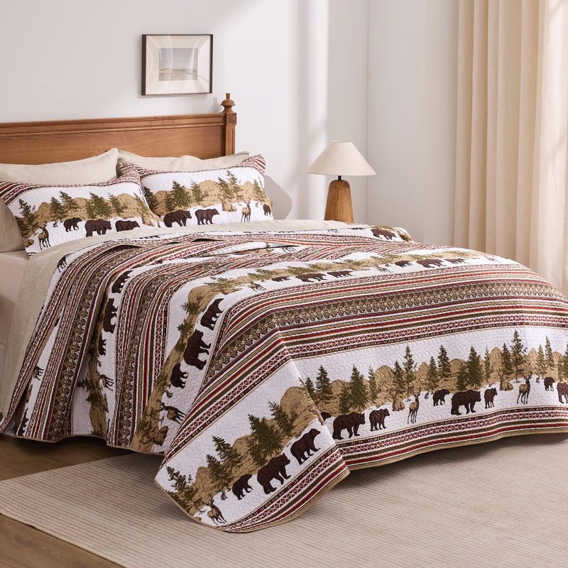 PPOLCA Cabin King Quilt Bedding Set, Christmas Lightweight Reversible Rustic Bear Bedspread Coverlet, 3-Piece Lodge Bed Cover Quilt with 2 Pillow Shams for All Season, Brown - Image 5