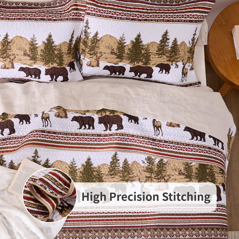 PPOLCA Cabin King Quilt Bedding Set, Christmas Lightweight Reversible Rustic Bear Bedspread Coverlet, 3-Piece Lodge Bed Cover Quilt with 2 Pillow Shams for All Season, Brown - Image 3