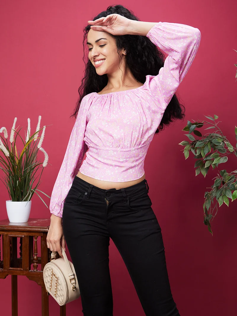 Women Purple Floral Printed Square Neck Puffed Sleeves Top