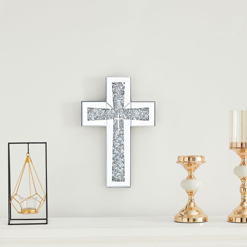 Aeveco Cross Wall Decor, Silver Mirrored Cross for Living Room, Crystal Crush Diamond Mirror Crosses, Religious Wall Art, Home Decor - Image 4
