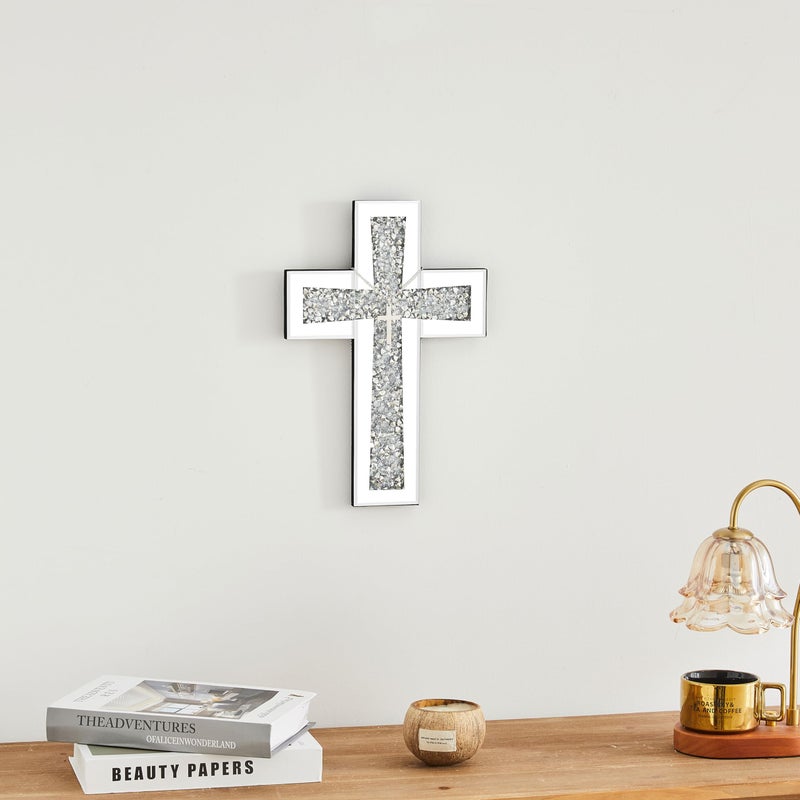Aeveco Cross Wall Decor, Silver Mirrored Cross for Living Room, Crystal Crush Diamond Mirror Crosses, Religious Wall Art, Home Decor - Image 5