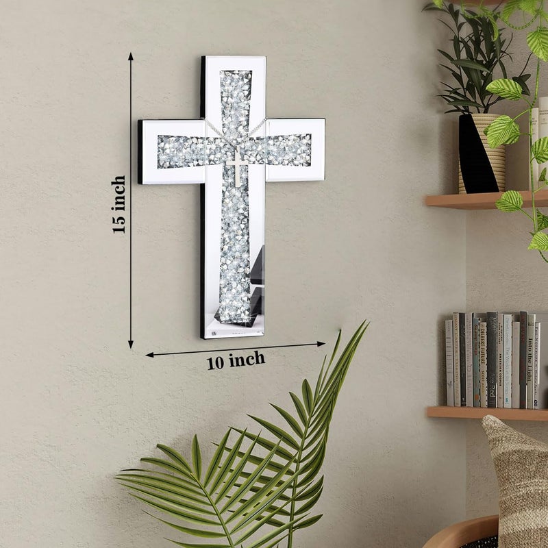 Aeveco Cross Wall Decor, Silver Mirrored Cross for Living Room, Crystal Crush Diamond Mirror Crosses, Religious Wall Art, Home Decor - Image 3