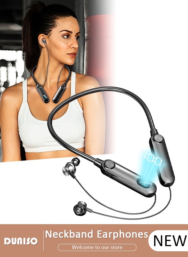 DUNISO Wireless Neckband Headphones Bluetooth 5.3 Wireless Sports Earphone with LED Display Extra Long Playtime Wireless Stereo Neckband Earbuds Waterproof Earphones for IOS and Android  - Image 1