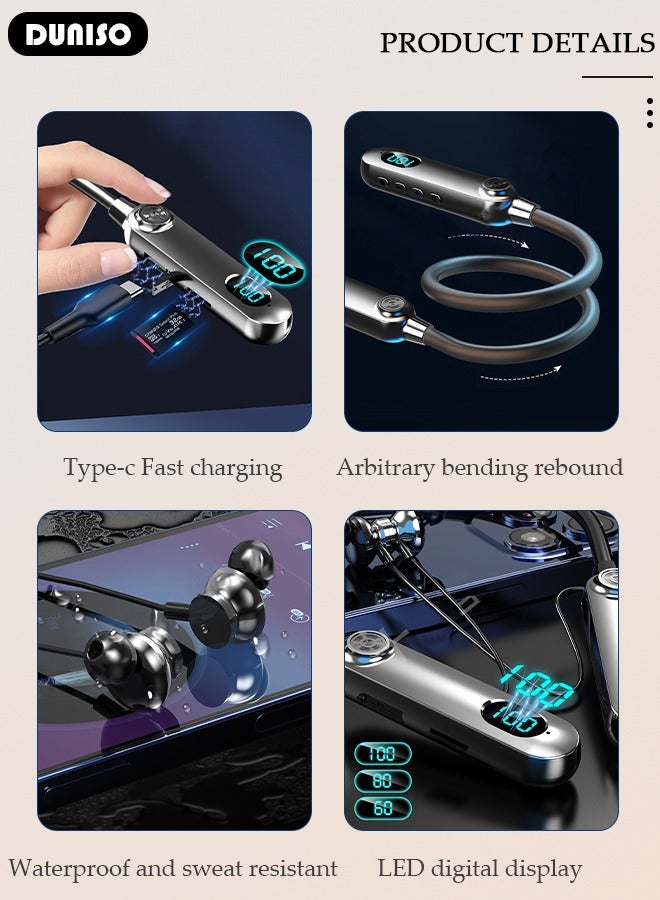 DUNISO Wireless Neckband Headphones Bluetooth 5.3 Wireless Sports Earphone with LED Display Extra Long Playtime Wireless Stereo Neckband Earbuds Waterproof Earphones for IOS and Android  - Image 5