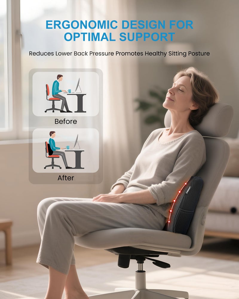 Beleduc Lumbar Support Pillow for Office Chair - Heated Back Support Pillow with Vibration Massage, Ergonomic Back Massager for Chair, Adjustable Vibration, 2 Heat Levels, Gifts - Image 4
