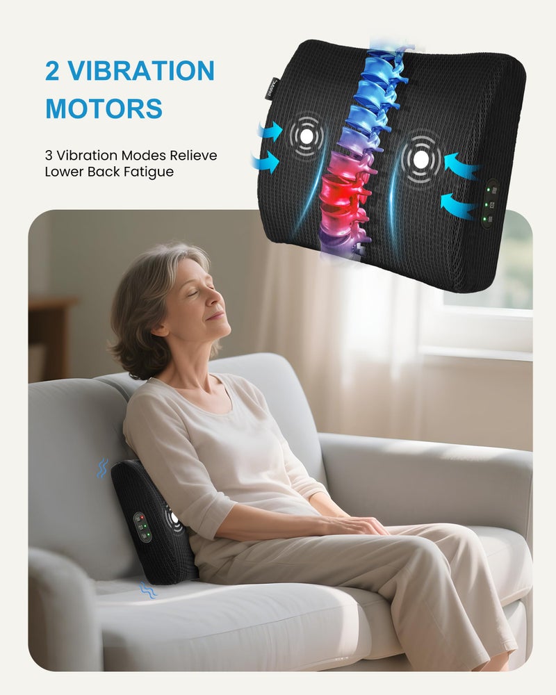 Beleduc Lumbar Support Pillow for Office Chair - Heated Back Support Pillow with Vibration Massage, Ergonomic Back Massager for Chair, Adjustable Vibration, 2 Heat Levels, Gifts - Image 2