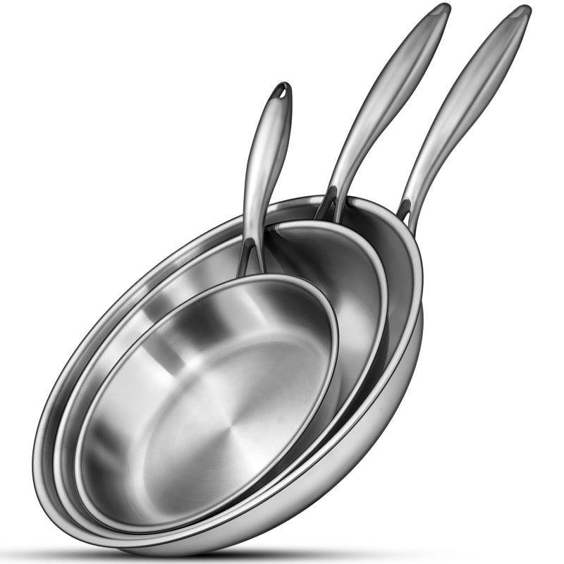 EWFEN Tri-Ply Stainless Steel Frying Pans Set, 8â€/10â€/12â€ Cooking pans, PFOA&PTFE Free Skillet, Induction Cooking Pan, Dishwasher and Oven Safe, Fast & Even Heat, Heavy Duty and Detachable Handle - Image 1