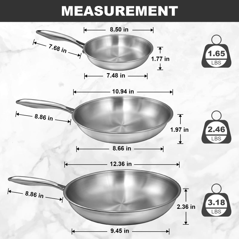 EWFEN Tri-Ply Stainless Steel Frying Pans Set, 8â€/10â€/12â€ Cooking pans, PFOA&PTFE Free Skillet, Induction Cooking Pan, Dishwasher and Oven Safe, Fast & Even Heat, Heavy Duty and Detachable Handle - Image 2