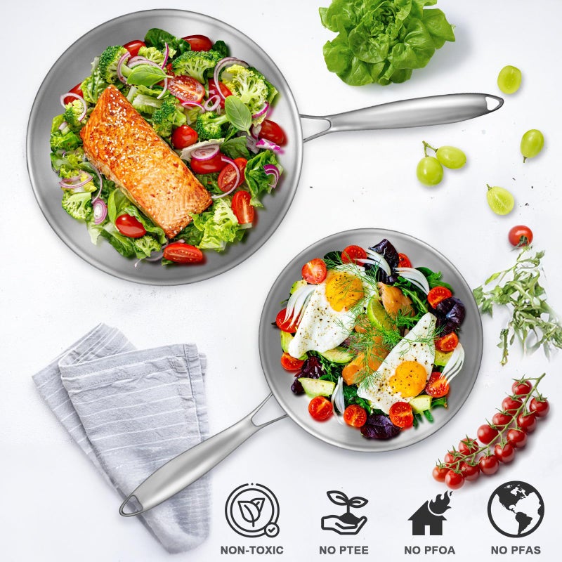 EWFEN Tri-Ply Stainless Steel Frying Pans Set, 8â€/10â€/12â€ Cooking pans, PFOA&PTFE Free Skillet, Induction Cooking Pan, Dishwasher and Oven Safe, Fast & Even Heat, Heavy Duty and Detachable Handle - Image 4
