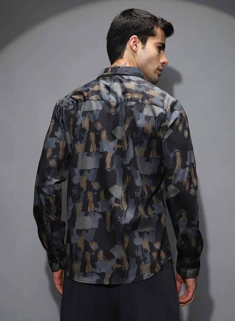 CAHOOT  Men's Prussian Blue & Charcoal Black Fray-Stroke Imprint Shirt for Men | Best Price UAE