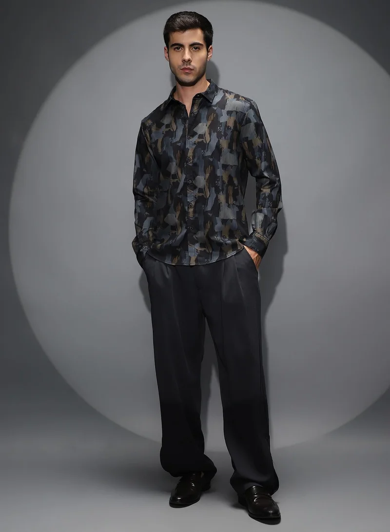 CAHOOT  Men's Prussian Blue & Charcoal Black Fray-Stroke Imprint Shirt for Men | Best Price UAE