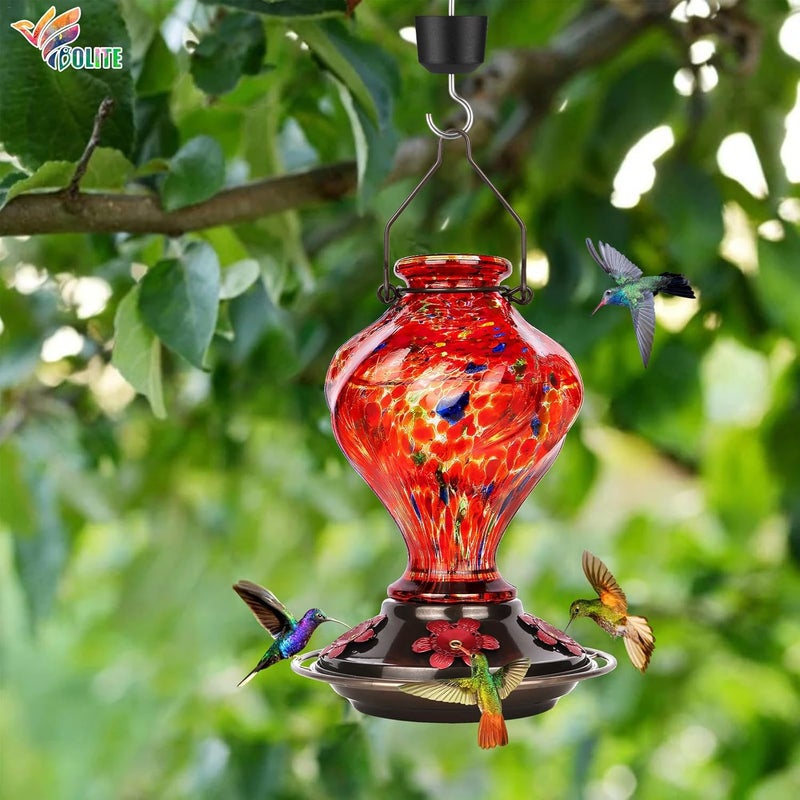 BOLITE Hummingbird Feeders, 24004R Glass Hummingbird Feeders for outdoors Hanging, Hand Blown Twisted with 5 Feeding Ports & Perch, 24 Ounces, Leak Proof, Red - Image 2