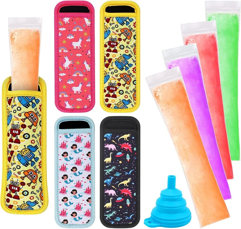 Wercokt 100 Disposable Ice Popsicle Mold Bags 4 Popsicle Holder Comes With A Funnel, BPA Free Freezer Tubes, Healthy Snack Yogurt Stick Juice Fruit Smoothies Ice Freezing Sleeves for Kids (Multicolor-4) - Image 1