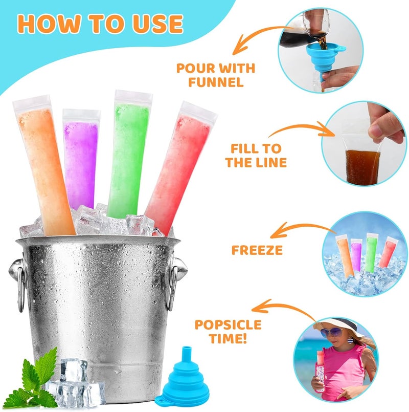 Wercokt 100 Disposable Ice Popsicle Mold Bags 4 Popsicle Holder Comes With A Funnel, BPA Free Freezer Tubes, Healthy Snack Yogurt Stick Juice Fruit Smoothies Ice Freezing Sleeves for Kids (Multicolor-4) - Image 3