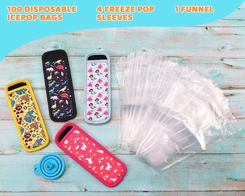Wercokt 100 Disposable Ice Popsicle Mold Bags 4 Popsicle Holder Comes With A Funnel, BPA Free Freezer Tubes, Healthy Snack Yogurt Stick Juice Fruit Smoothies Ice Freezing Sleeves for Kids (Multicolor-4) - Image 4