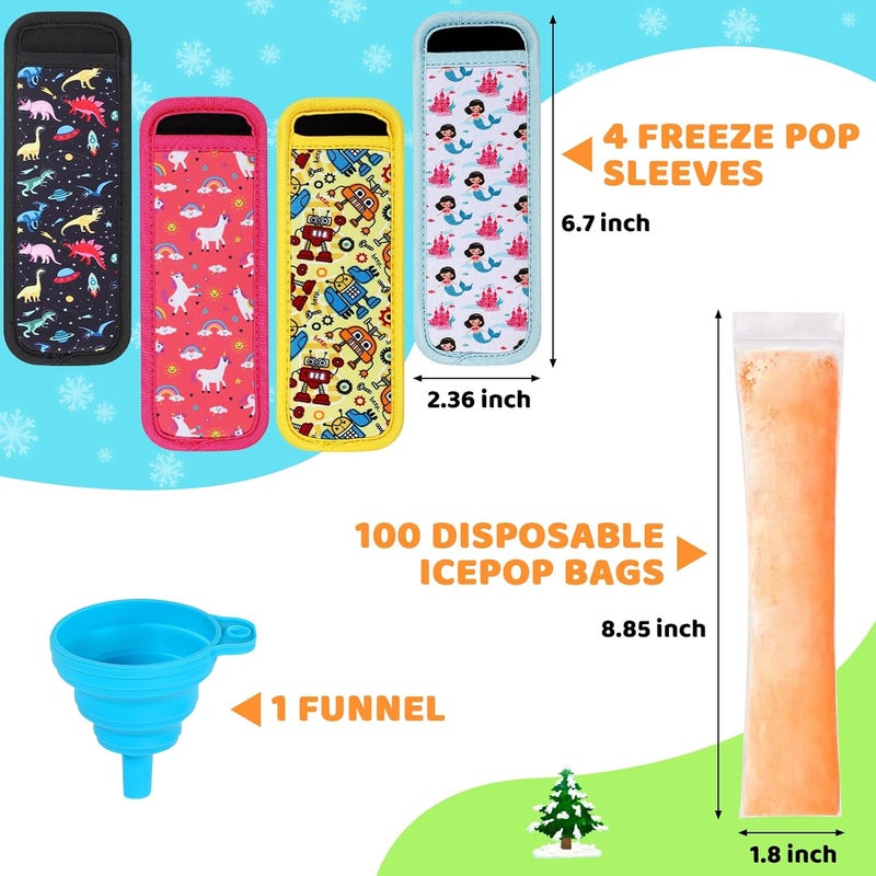 Wercokt 100 Disposable Ice Popsicle Mold Bags 4 Popsicle Holder Comes With A Funnel, BPA Free Freezer Tubes, Healthy Snack Yogurt Stick Juice Fruit Smoothies Ice Freezing Sleeves for Kids (Multicolor-4) - Image 2