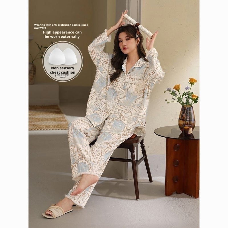Women's Casual Sleepwear Set with Built-in Bra Pads, Turn-down Collar, Long Sleeve, Long Pants - Image 3