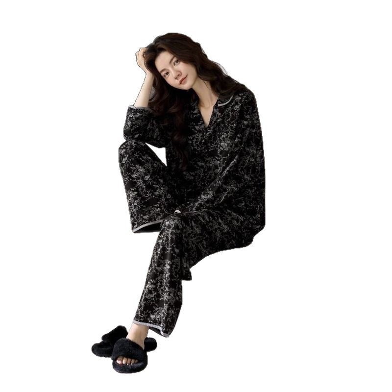 Women's Casual Sleepwear Set with Built-in Bra Pads, Turn-down Collar, Long Sleeve, Long Pants - Image 5
